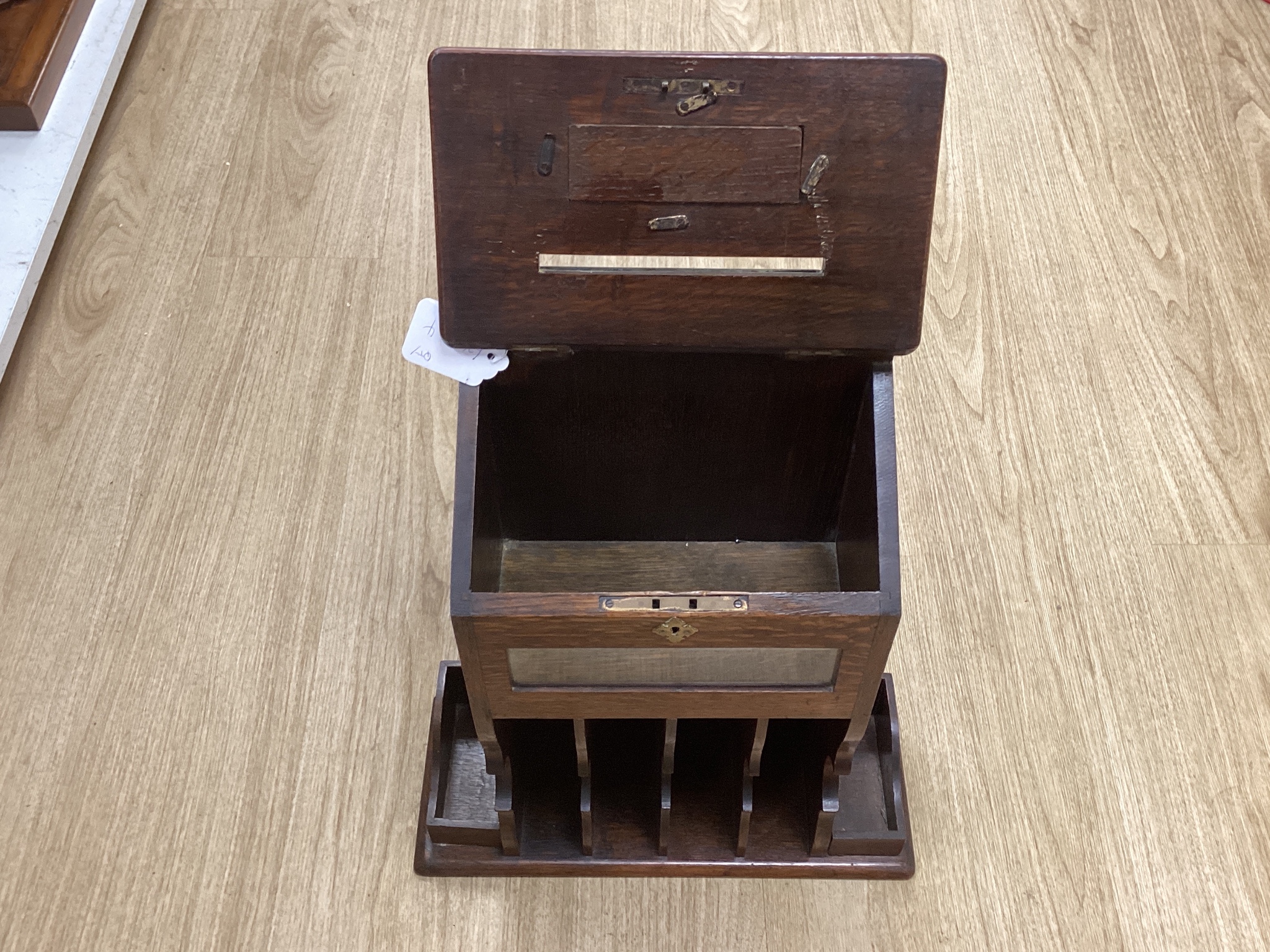 A Victorian wall shelf and oak letter box, tray, etc
